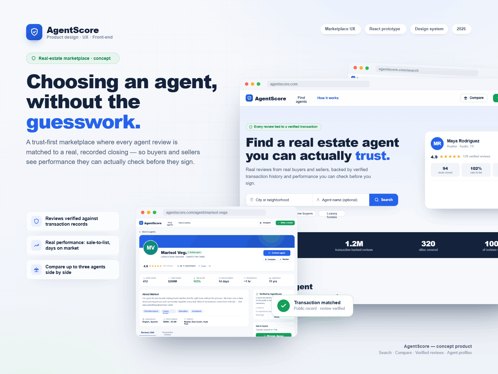 AgentScore — real-estate marketplace showcase with the home, search and verified agent profile screens