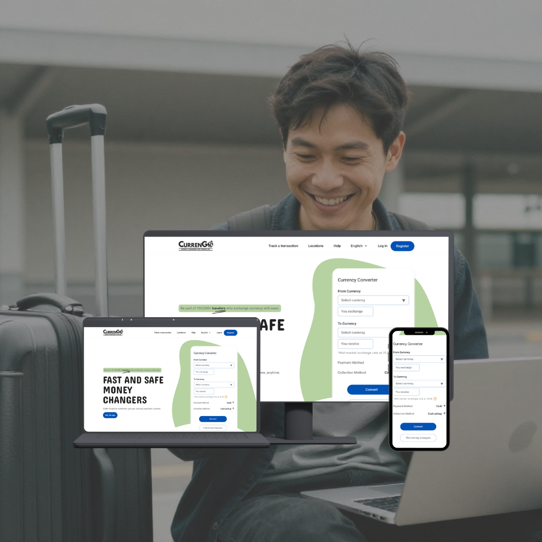 CurrenGo — responsive currency-exchange website shown on desktop, laptop and mobile, with a live currency converter for travelers