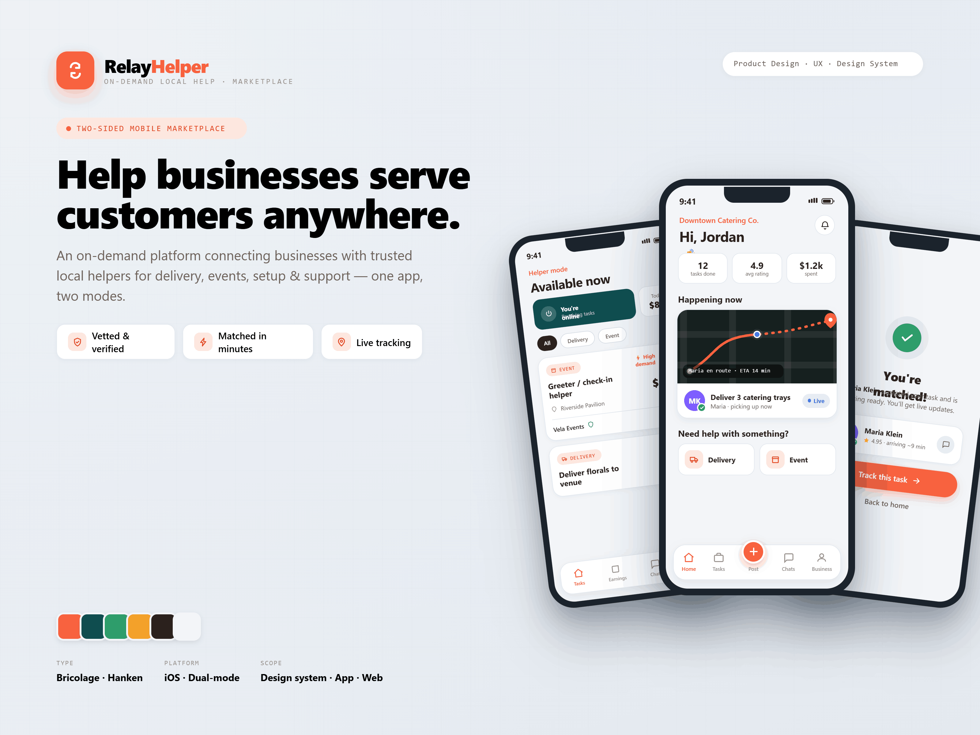 RelayHelper — on-demand local-help marketplace showcase: two-sided iOS app for businesses and helpers with live task tracking